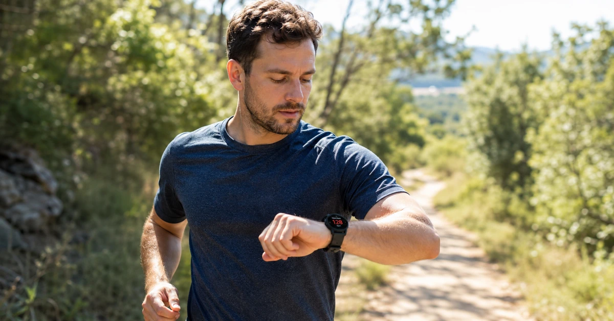 Person glancing at a fitness smartwatch on their wrist while running on an outdoor trail, heart rate number visible on the display
