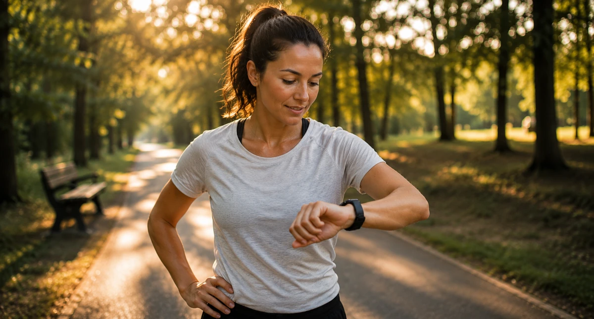 Person pausing mid-jog on a park path to check their heart rate on a fitness watch, with a thoughtful expression