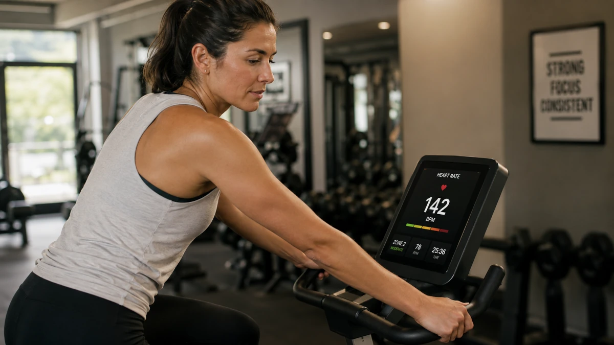 A person on a stationary bike in a gym glancing at the equipment's heart rate display showing a BPM reading