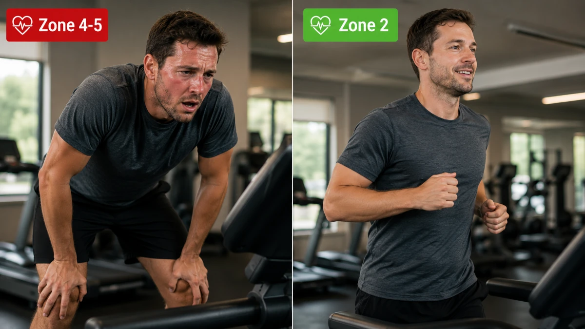 Split image showing two workout scenarios: one person visibly struggling at high intensity on a treadmill, and one exercising comfortably at Zone 2 pace