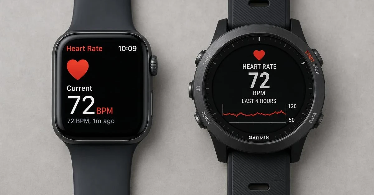 An Apple Watch and a Garmin watch side by side, both displaying heart rate readings