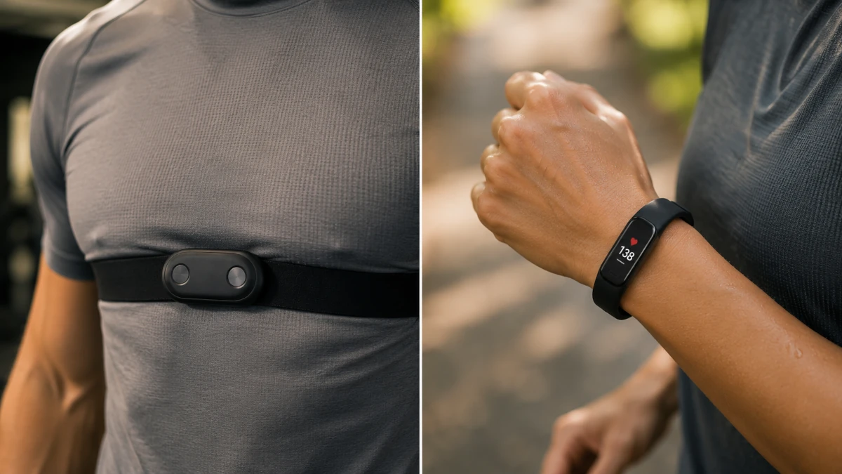 Side-by-side comparison showing a chest strap being worn on the left and a wrist fitness tracker on the right, both during exercise