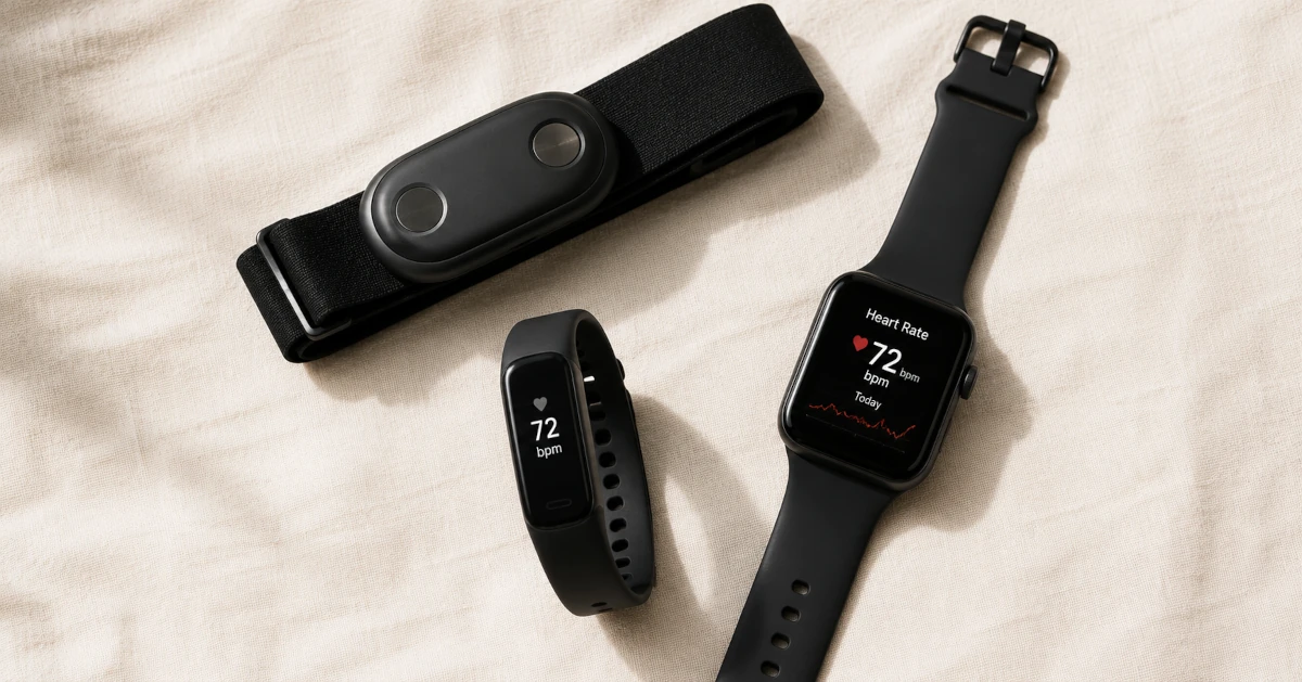 Flat-lay of heart rate monitors on a light neutral surface: a chest strap electrode, a slim fitness wristband, and a smartwatch