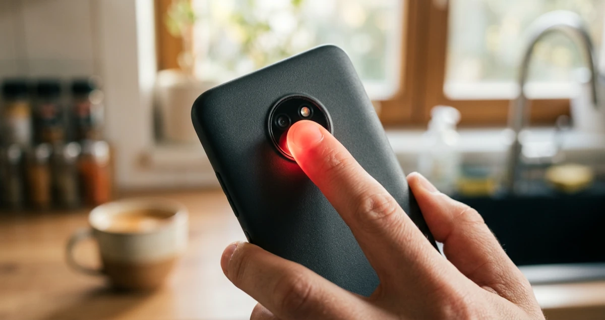 Fingertip pressed over a smartphone's rear camera and flash to measure heart rate