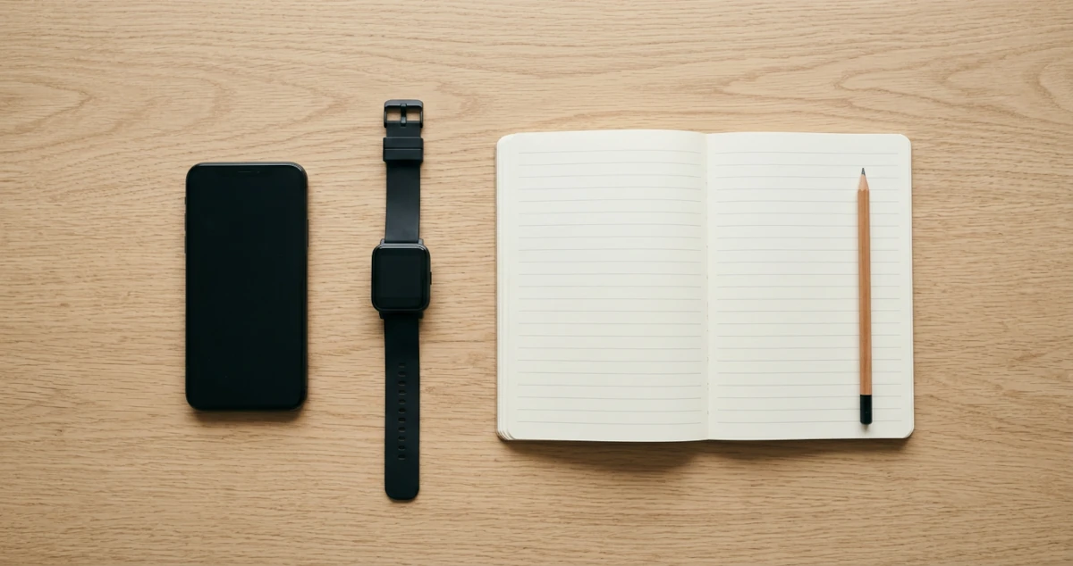 A smartphone, a fitness watch, and a paper notebook with a pencil laid out side by side on a wooden table