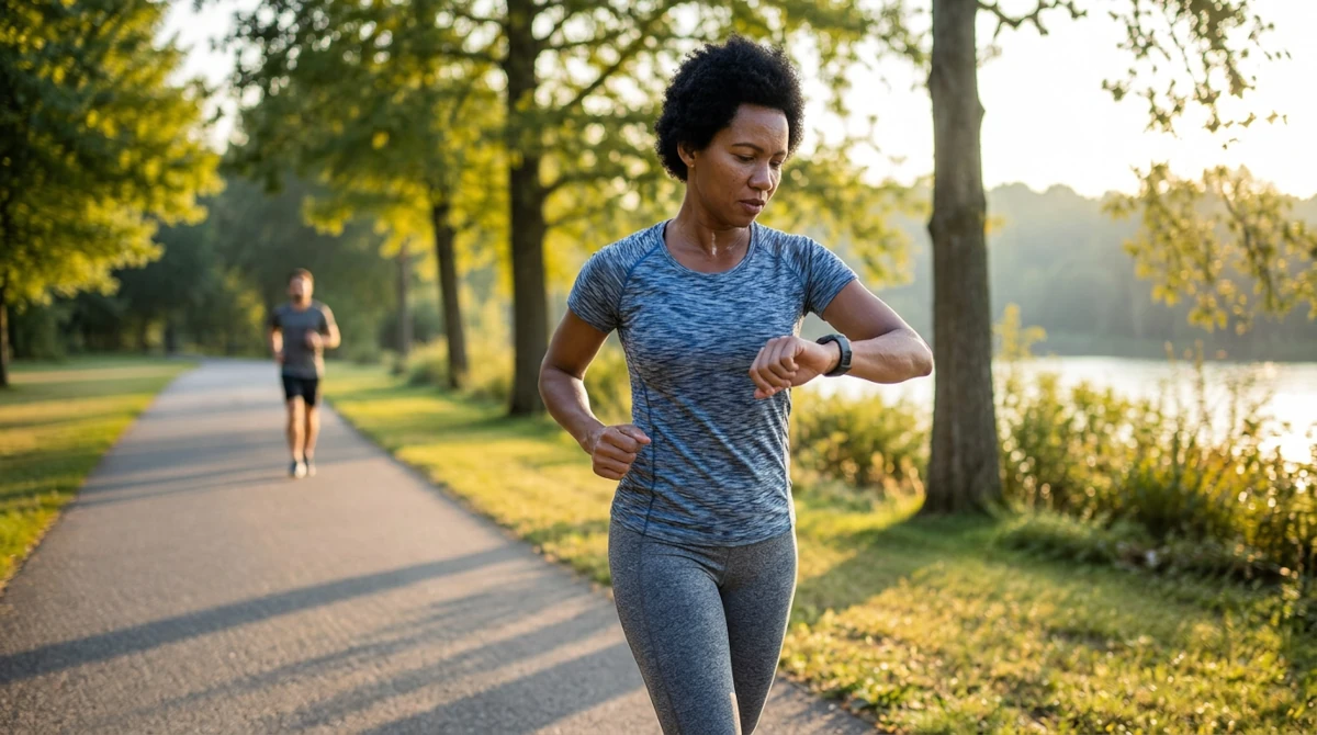 A person checking their heart rate on a fitness watch mid-workout on an outdoor path