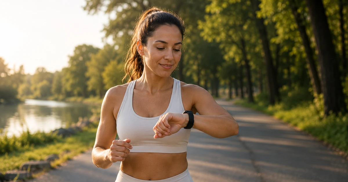 A fit woman in her 30s jogging on a trail, checking a fitness tracker on her wrist, in natural morning light