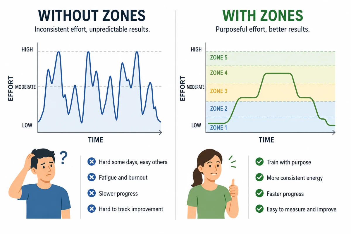 Side-by-side illustration showing the difference between training without heart rate zones (random effort) versus structured zone-based training
