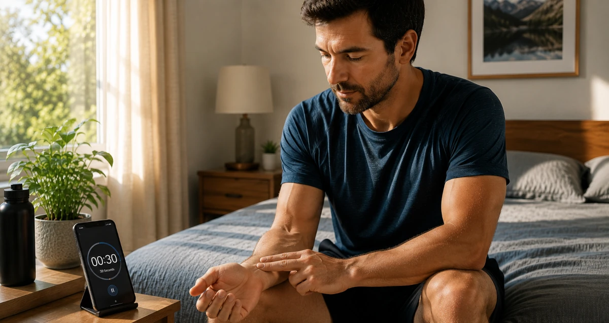 A person manually checking their resting heart rate at the wrist in the morning