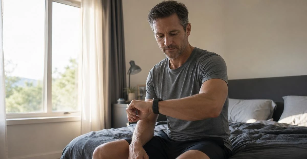 Man sitting on the edge of his bed in the morning checking his resting heart rate on a smartwatch