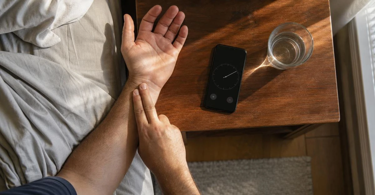 Man in bed checking his pulse at the wrist first thing in the morning