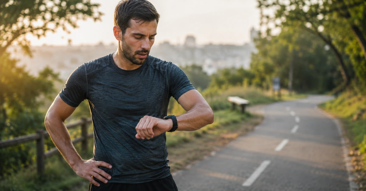 Person checking their fitness watch while catching their breath right after finishing a run