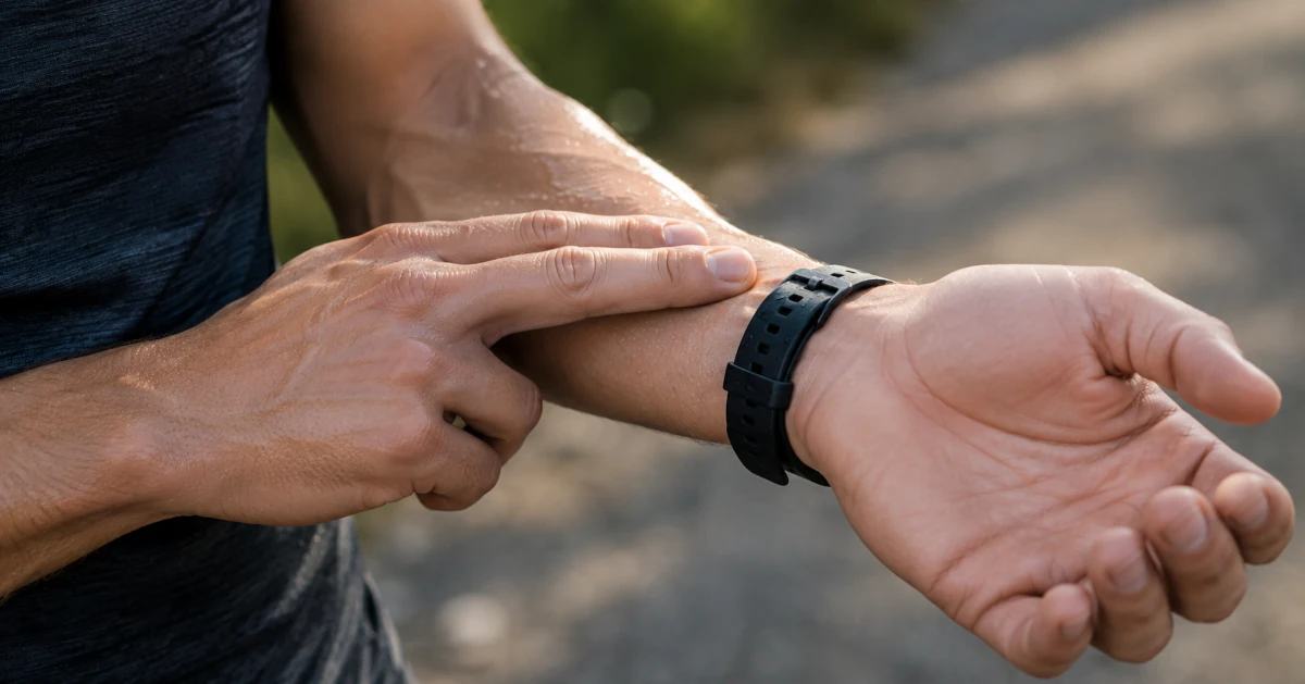 Person checking their pulse at the wrist immediately after finishing exercise