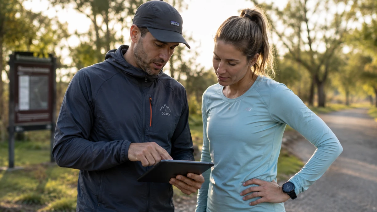 Coach reviewing training zones with a client on a tablet before an outdoor session