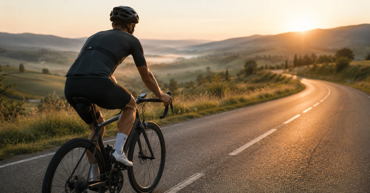 Solo road cyclist riding at a controlled pace on a quiet rural road in soft morning light, heart rate monitor strap and GPS computer visible