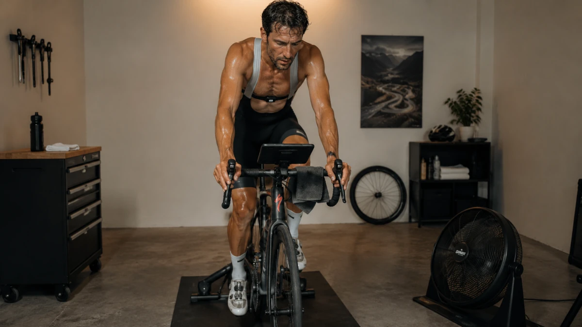 Cyclist on a smart indoor trainer with a floor fan positioned for cooling, heart rate monitor strap visible, cycling computer displaying workout data