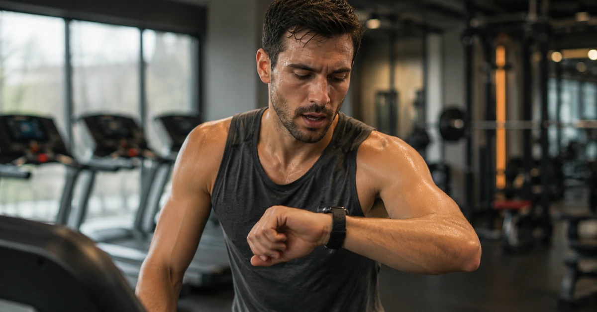 Person checking their fitness watch during a high-intensity interval workout