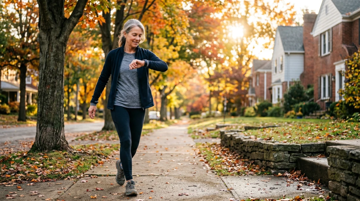 Adult walking briskly on a tree-lined sidewalk on an autumn morning, glancing at a fitness watch
