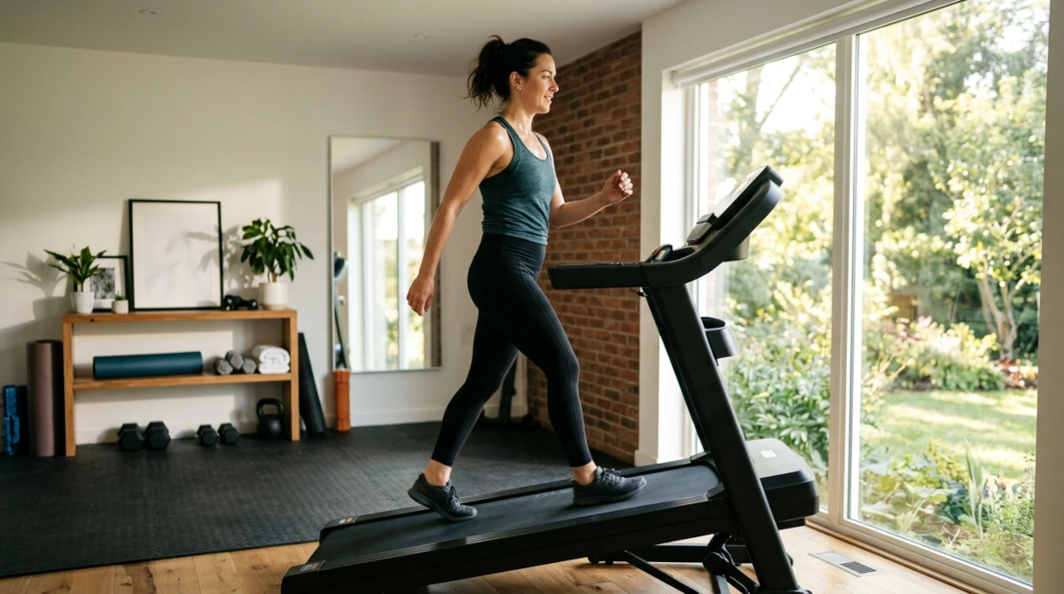 Person walking on a treadmill set to a steep incline in a bright home gym