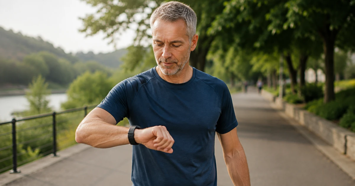 Person on a beta blocker checking their heart rate on a fitness watch during a brisk walk