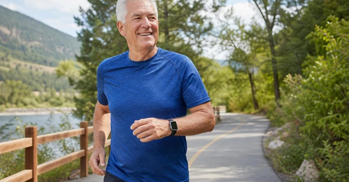 An active older adult doing a brisk walk outdoors while wearing a fitness watch