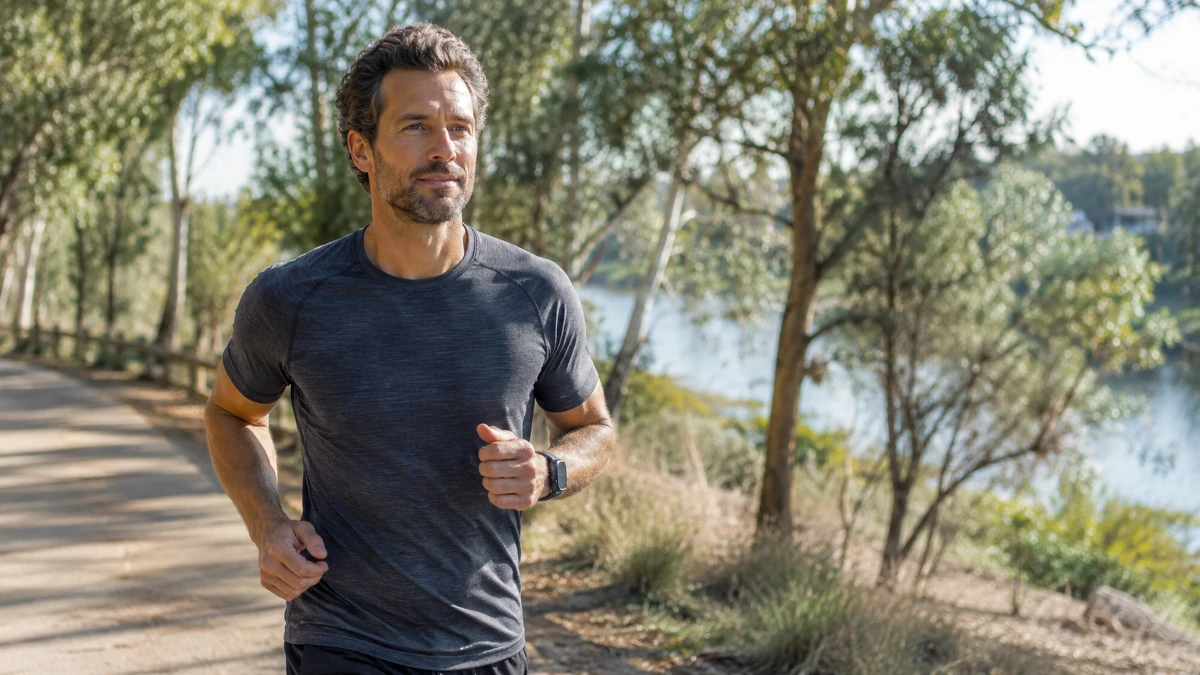 A person jogging at a steady, conversational pace, the kind of effort typical of Zone 2 training