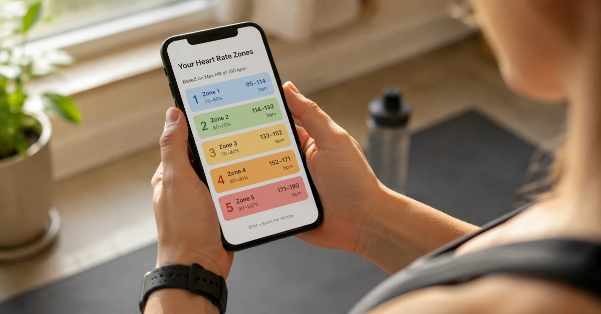 Close-up of hands holding a smartphone showing five colored heart rate training zone bars, with a fitness watch visible on the wrist