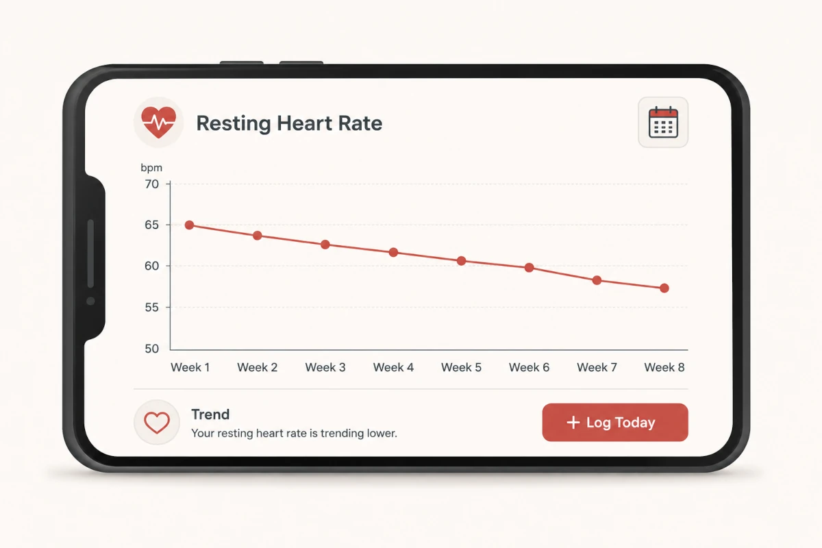 Illustration of a smartphone screen showing a resting heart rate trend line gradually declining over eight weekly log entries