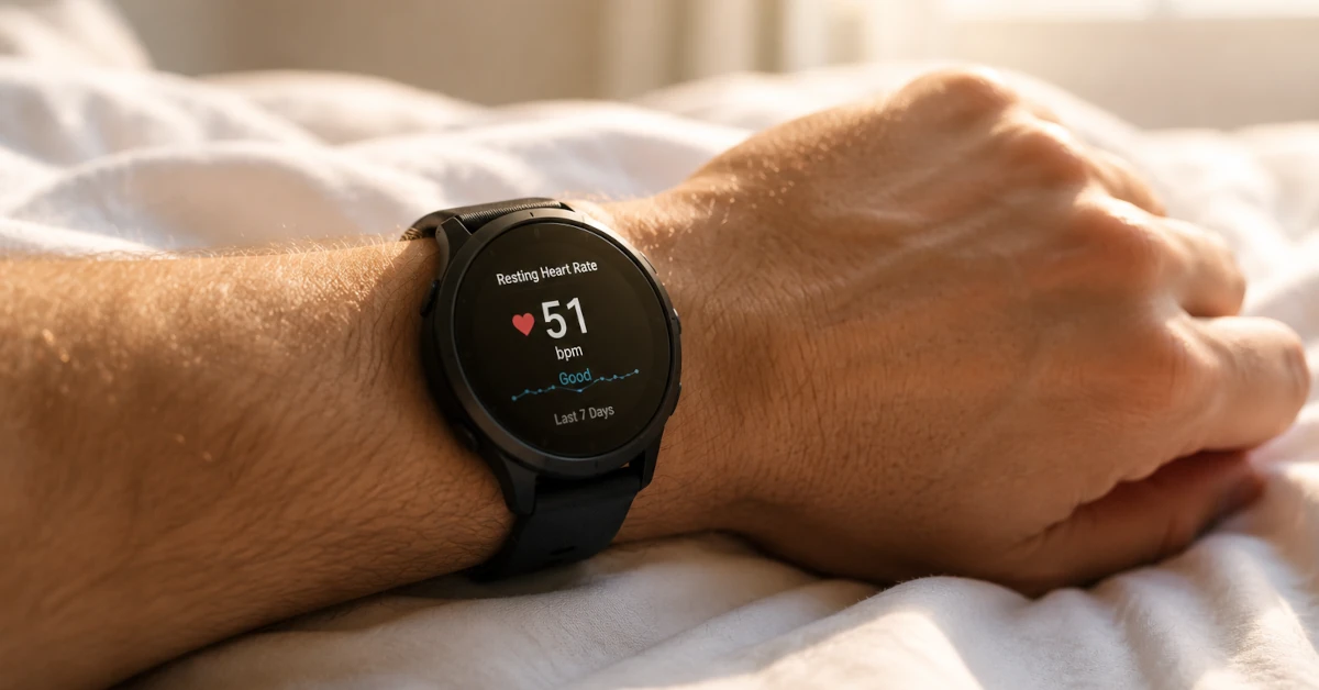 Person's wrist with a fitness smartwatch showing a resting heart rate in the low 50s, resting on white bed linens in soft morning light