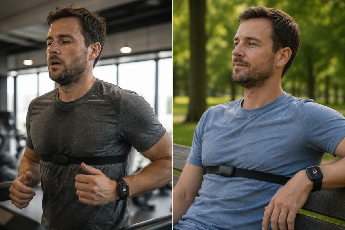 Split image showing the same person at two fitness stages — early training with a higher resting heart rate on a smartwatch, and months later at rest with a noticeably lower heart rate reading