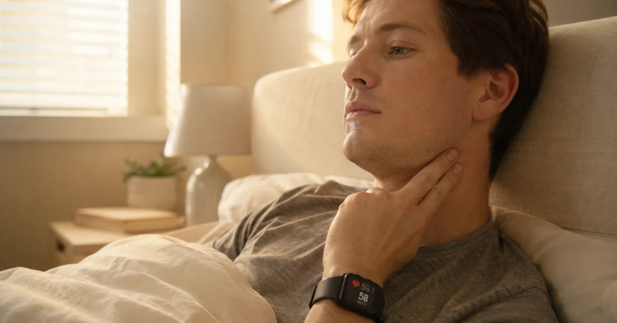 Person lying in bed in the morning pressing two fingers to their neck to measure resting heart rate, fitness watch visible on wrist