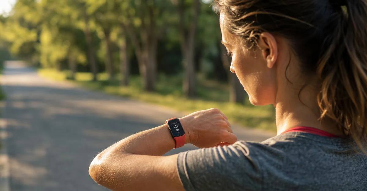 A person checking a heart rate reading on a fitness watch, used to calculate personalized Karvonen training zones