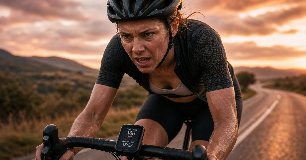 A cyclist checking a heart rate monitor mid-effort during a threshold time trial
