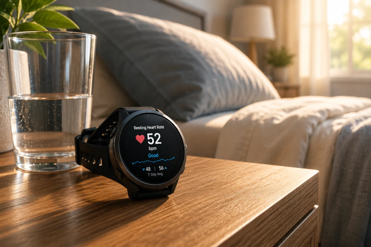 Fitness smartwatch on a bedside nightstand next to a glass of water, soft morning light through curtains in the background