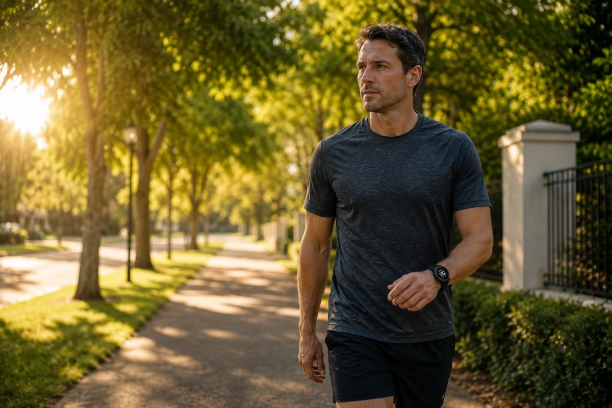 Person walking at an easy Zone 2 pace on a tree-lined path in early morning light, fitness watch visible on their wrist