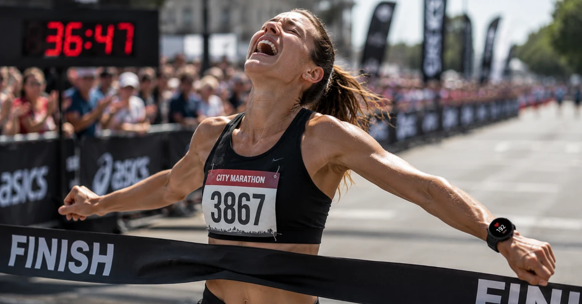 Runner crossing a race finish line at maximum effort, fitness watch on wrist showing peak heart rate