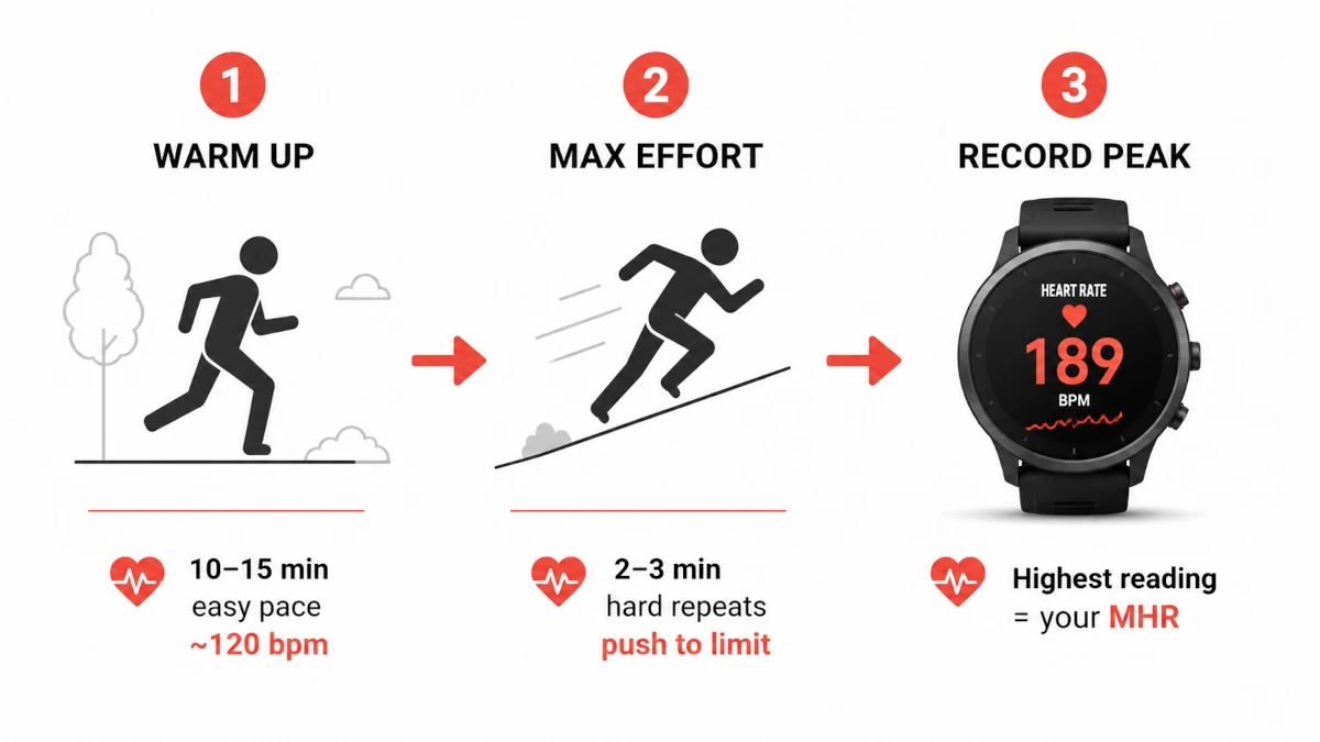 Three-step horizontal infographic for a DIY max heart rate field test. Step 1 shows a figure jogging easily labeled Warm Up 10 to 15 minutes at easy pace around 120 bpm. Step 2 shows a figure sprinting uphill labeled Max Effort 2 to 3 minutes hard repeats push to limit. Step 3 shows a close-up of a heart rate watch displaying 189 bpm labeled Record Peak highest reading equals your MHR. Steps are connected by forward arrows in coral red