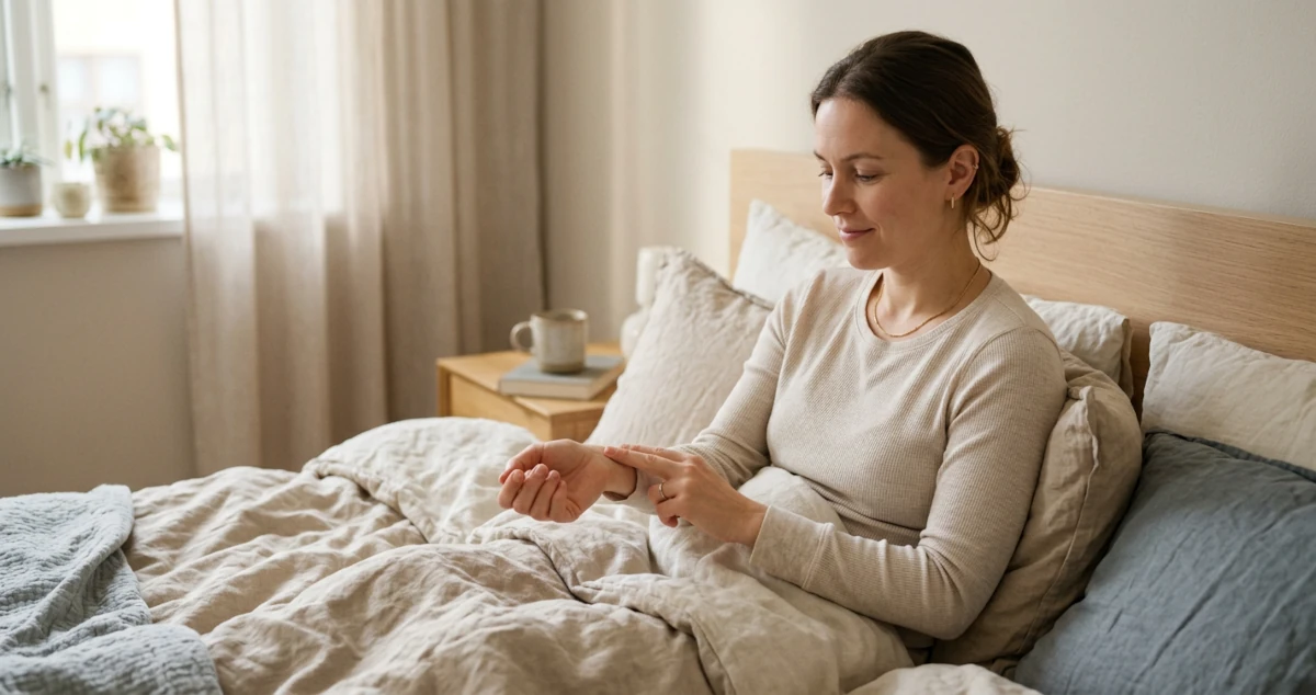 Woman sitting up in bed in the morning counting her pulse at the wrist