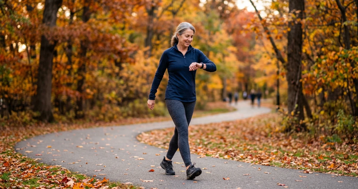 Woman in her 50s on a brisk autumn walk in a park, glancing at the fitness band on her wrist