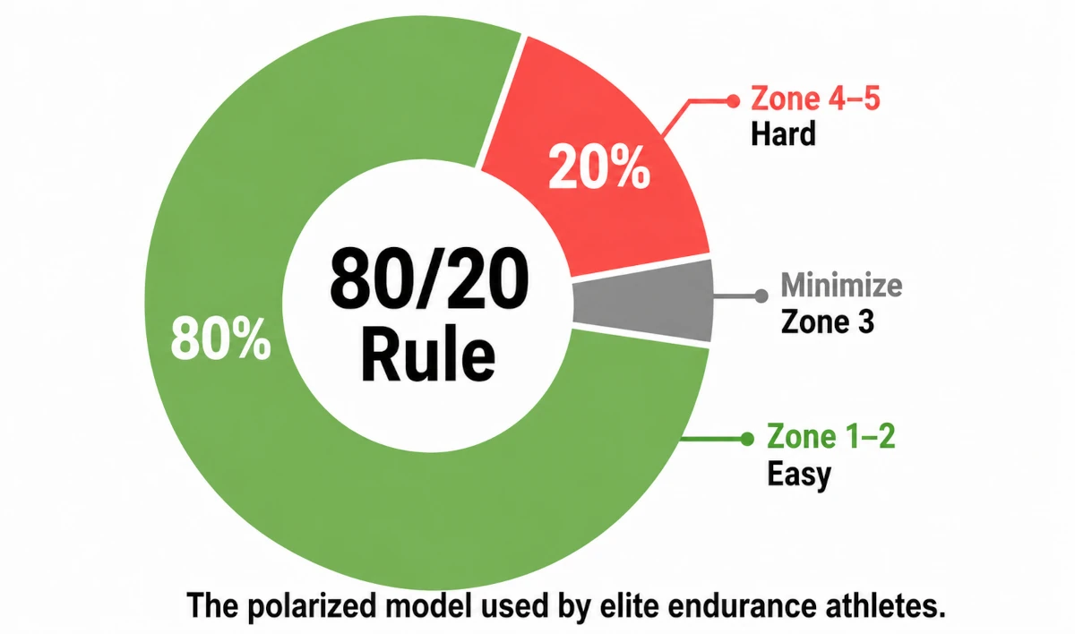 Donut chart showing the 80/20 polarized training split. The large 80 percent arc is soft green labeled Zone 1 to 2 Easy. The small 20 percent arc is coral red labeled Zone 4 to 5 Hard. A thin gray slice between them is labeled Minimize Zone 3. The center of the donut reads 80/20 Rule in bold. Below the chart reads The polarized model used by elite endurance athletes