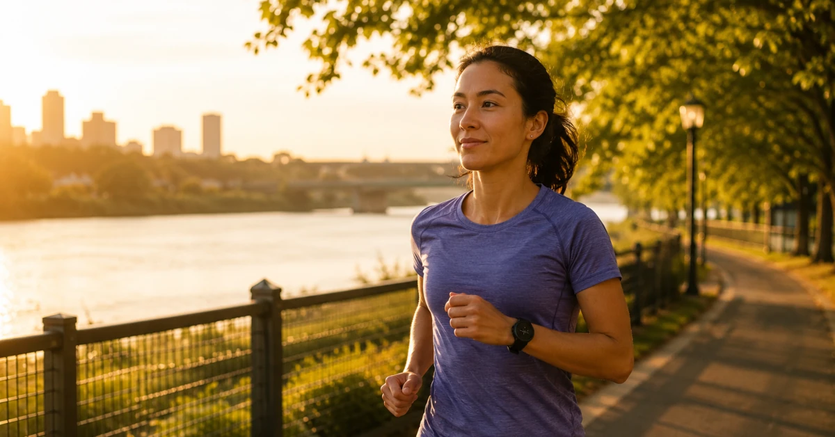 Runner on a paved riverside path at golden-hour light, moving at a relaxed comfortable pace with a fitness watch visible on the wrist