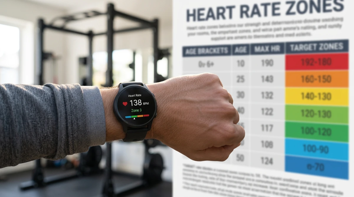 A fitness watch showing a heart rate reading, with a generic age-based wall chart blurred in the background