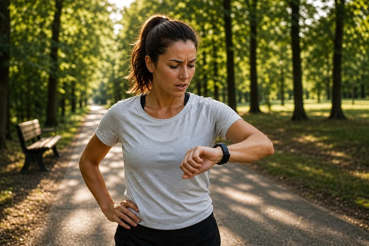 A fitness watch displaying a heart rate zone reading on a runner's wrist mid-workout