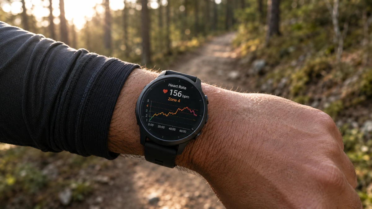 Runner checking the heart rate zone display on a wrist-worn fitness watch during an outdoor run