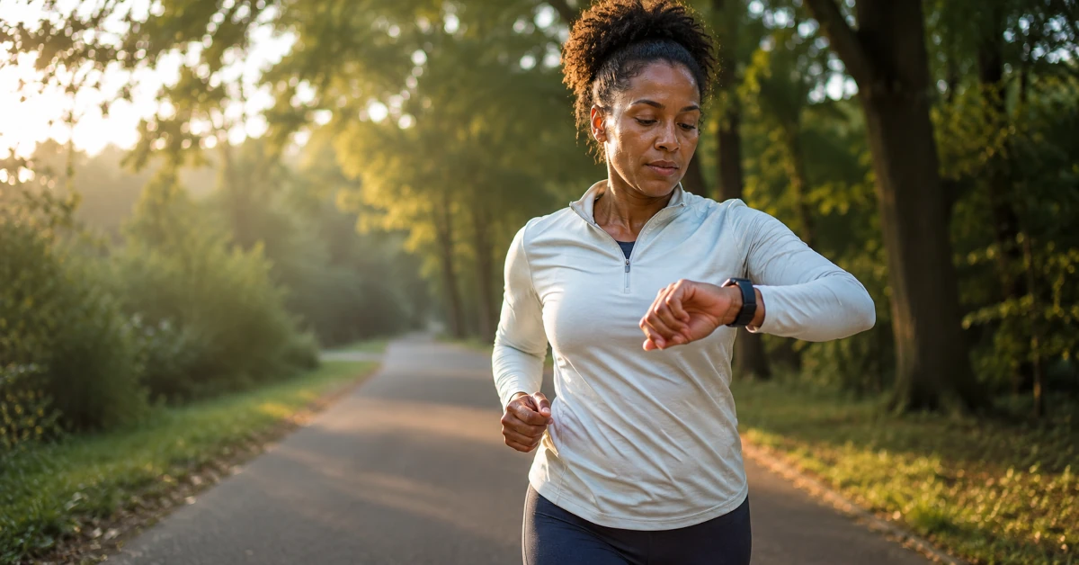 Person checking heart rate on a fitness watch mid-workout, natural outdoor light, visible effort