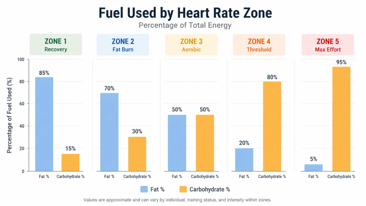 Bar chart comparing fuel source percentages across five heart rate training zones, showing fat percentage highest in Zones 1 and 2