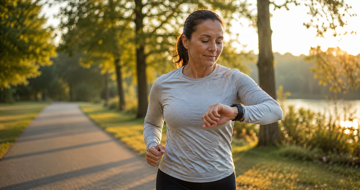 Woman jogging at a relaxed Zone 2 pace on a park path in morning light, checking her heart rate on a fitness watch
