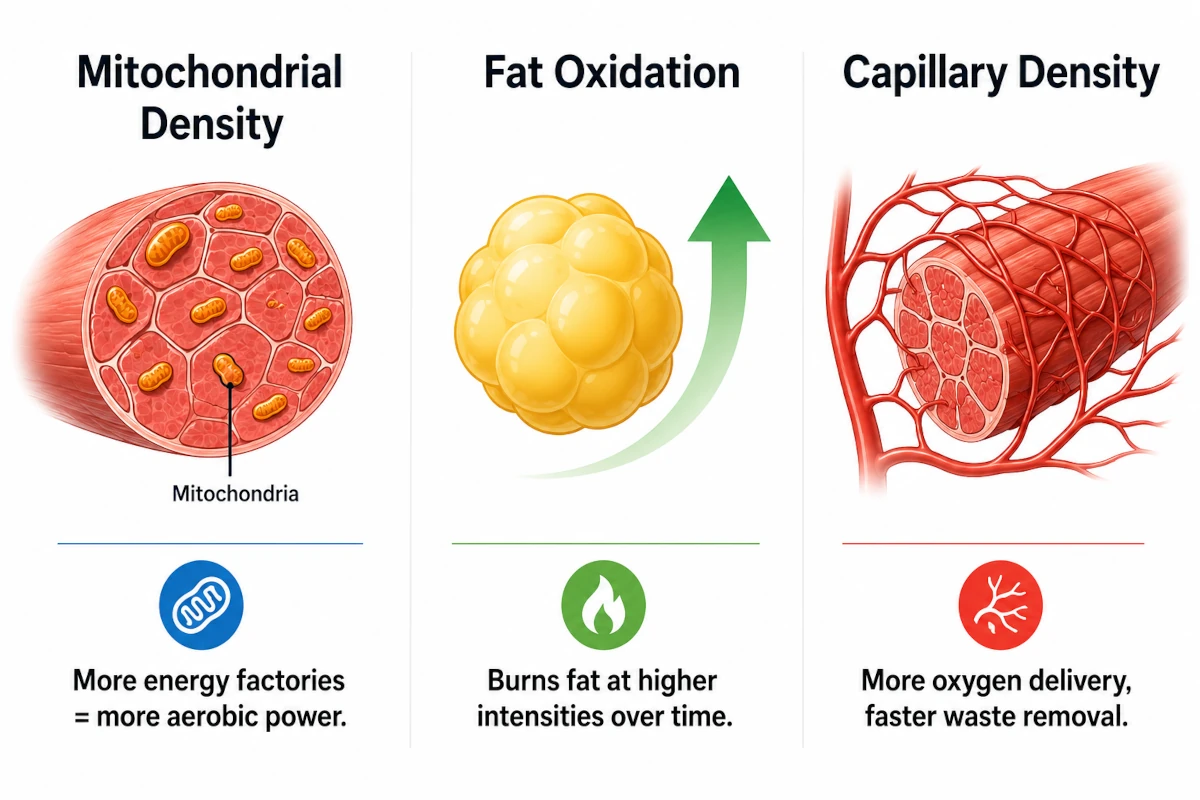 Three-column infographic showing Zone 2 cellular adaptations. Column 1 Mitochondrial Density shows a muscle fiber cross-section with small oval mitochondria, labeled More energy factories equals more aerobic power. Column 2 Fat Oxidation shows a fat droplet icon with an upward arrow, labeled Burns fat at higher intensities over time. Column 3 Capillary Density shows a simplified capillary network around a muscle fiber, labeled More oxygen delivery and faster waste removal. White background with coral red accent color highlights