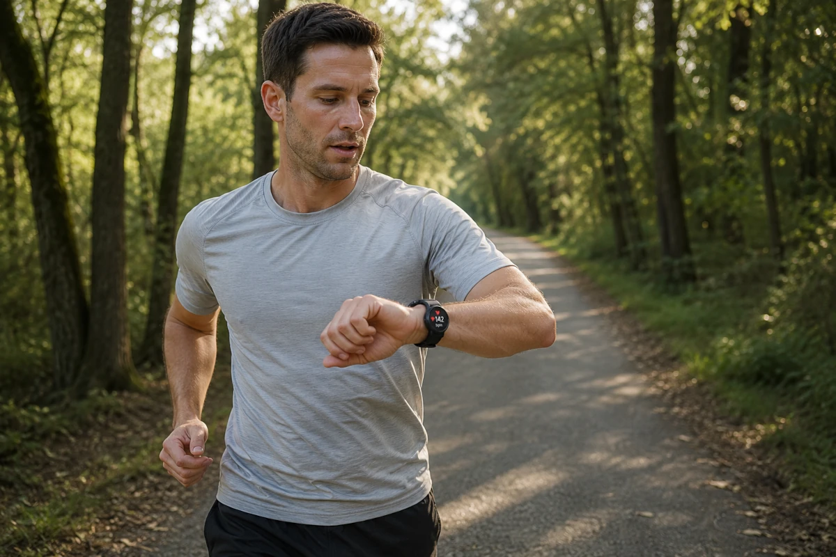Person jogging on an outdoor trail checking their smartwatch heart rate display with a relaxed expression, illustrating Zone 2 training