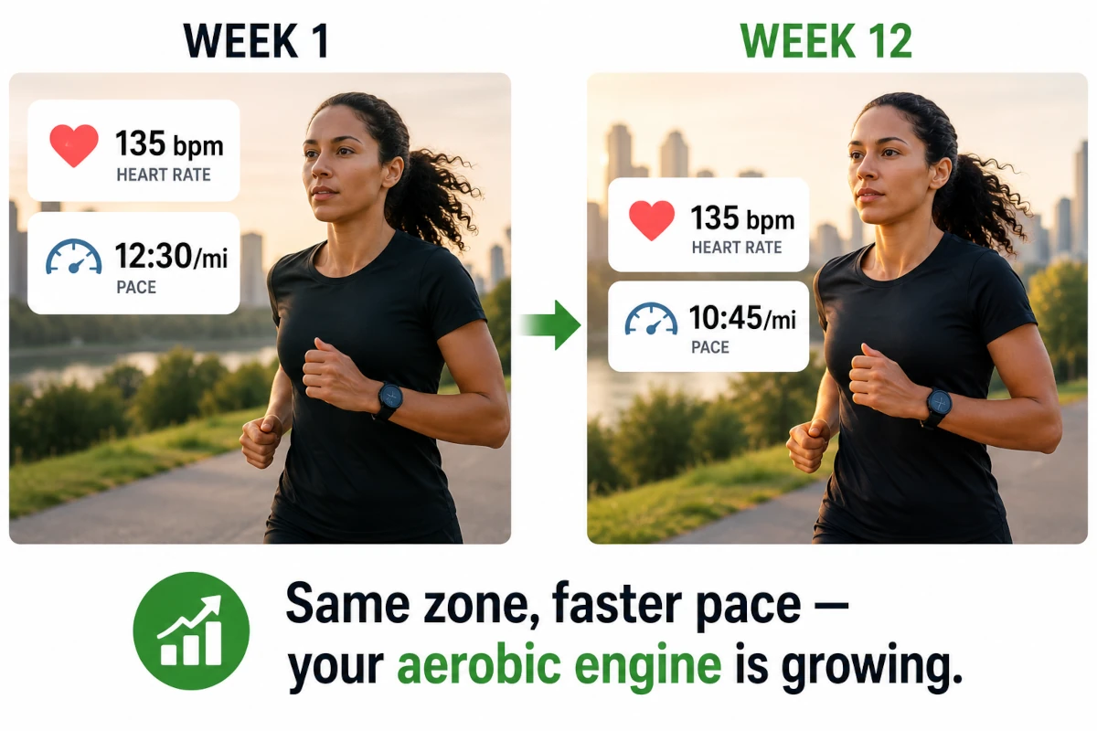 Before and after split infographic showing Zone 2 pace progression. Left side labeled Week 1 shows a runner with a heart rate monitor reading 135 bpm and a pace label of 12 minutes 30 seconds per mile. Right side labeled Week 12 shows the same runner at the same 135 bpm with a pace label of 10 minutes 45 seconds per mile. A forward arrow connects the two sides. Caption below reads Same zone faster pace, your aerobic engine is growing